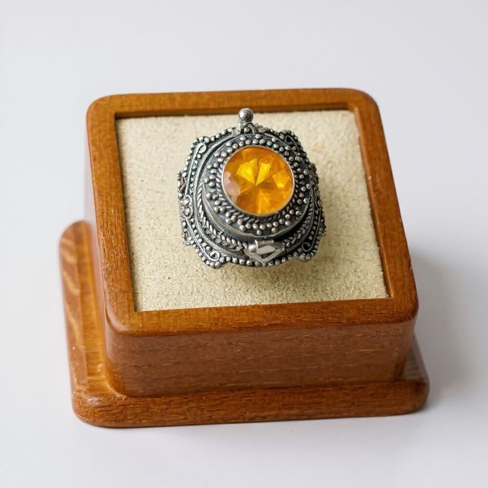Faceted Citrine Gemstone Poison Locket Box Ring Sterling Silver Sz 9
